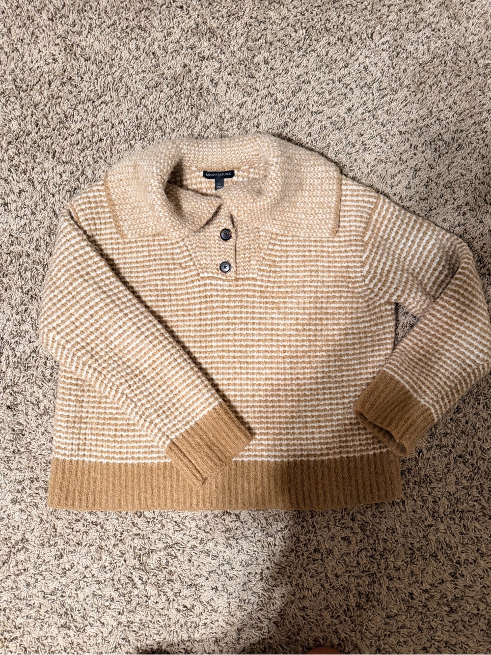 Banana Republic Cream and Tan Striped Collared Sweater